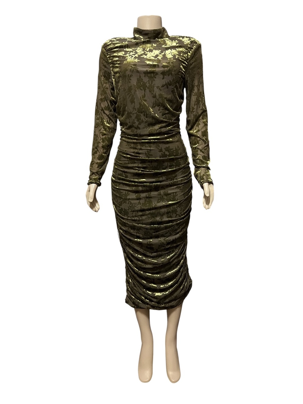 NWT Belle Badgley Mischka Sz 8 Kendall Velvet Burnout Ruched Bodycon Midi Dress